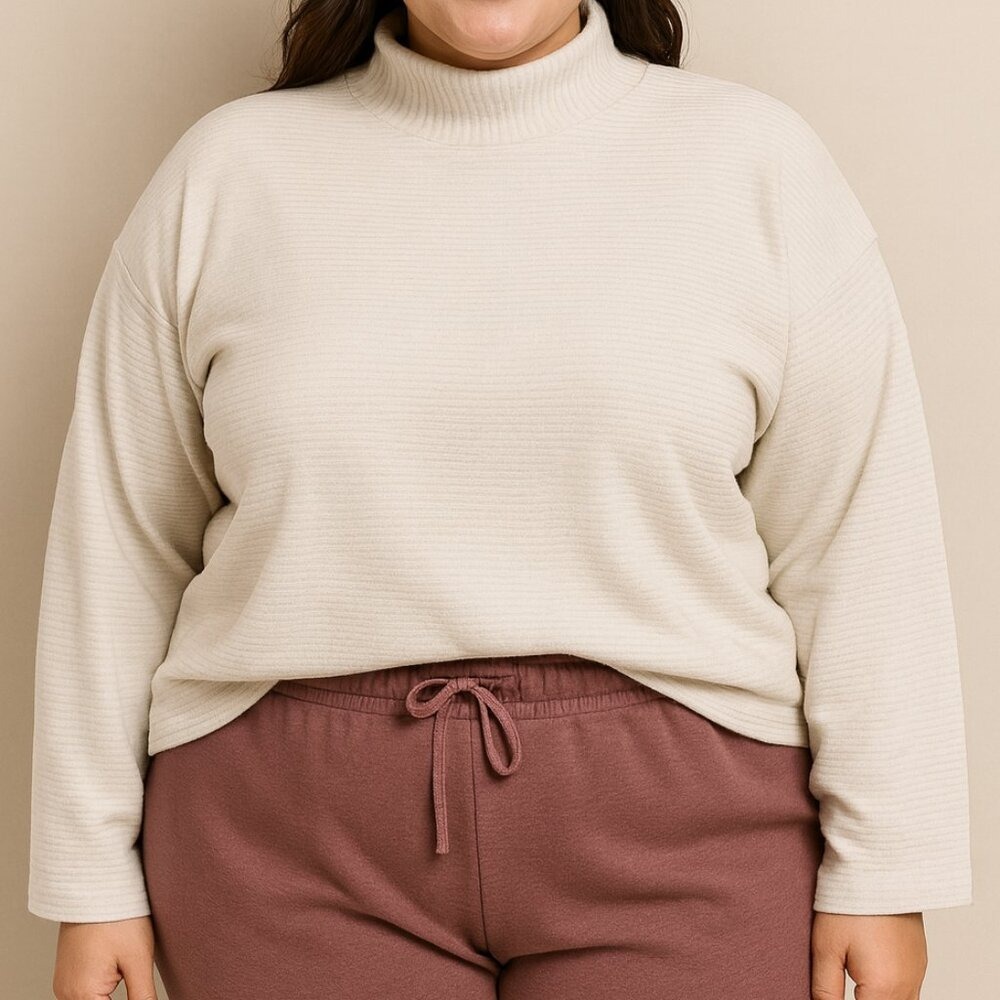 Cream Ribbed Mock Neck Long Sleeve Lounge Top Time and Tru Womens XXL